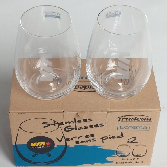 VIA RAIL Stemless Glasses PAIR TRUDEAU Bohemia Set of 2 BNIB European crystallin - Picture 1 of 15